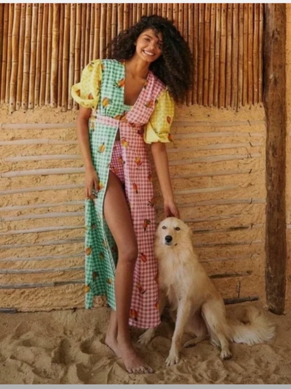 FARM Rio Green Pink Yellow Gingham Fruit Print Maxi Dress Tie Waist Size S
